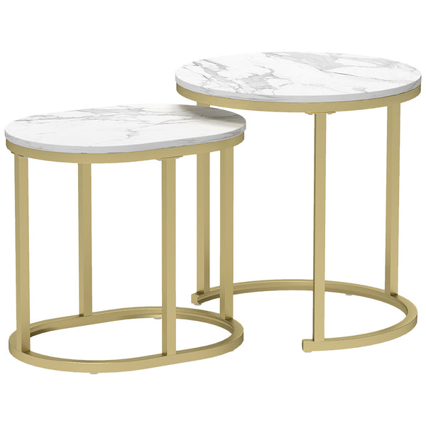 Set 2 Tavolini da Caffè Ø50x50.5 cm e 60x36x43.5 cm con Piano Effetto Marmo in Legno e Acciaio Bianco sconto