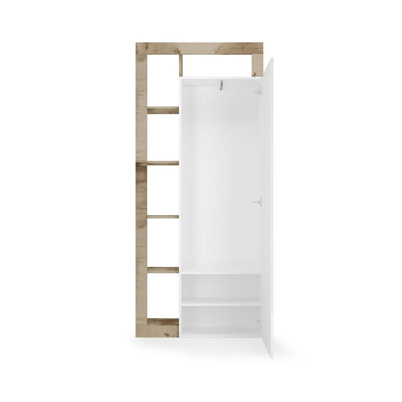 Armadio Guardaroba Ingresso con Ripiani a giorno e Specchio 90,5x30x210 cm Hamburg Bianco Lucido e Pero