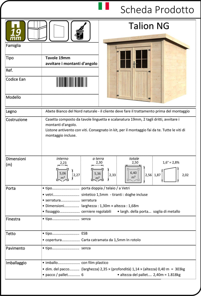 Casetta Box da Giardino per Attrezzi 2,50x2,53m Senza Pavimento in Legno Abete 19mm Talion