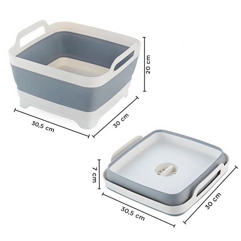 Vaschetta Bacinella Multiuso Pieghevole 30,5x30 cm 9 Litri con Tappo di Scarico in Silicone Grigio