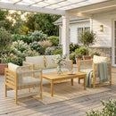 Set 4 Pezzi Salotto da Giardino con Divano 2 Poltrone con Cuscini e Tavolino in Legno di Acacia      