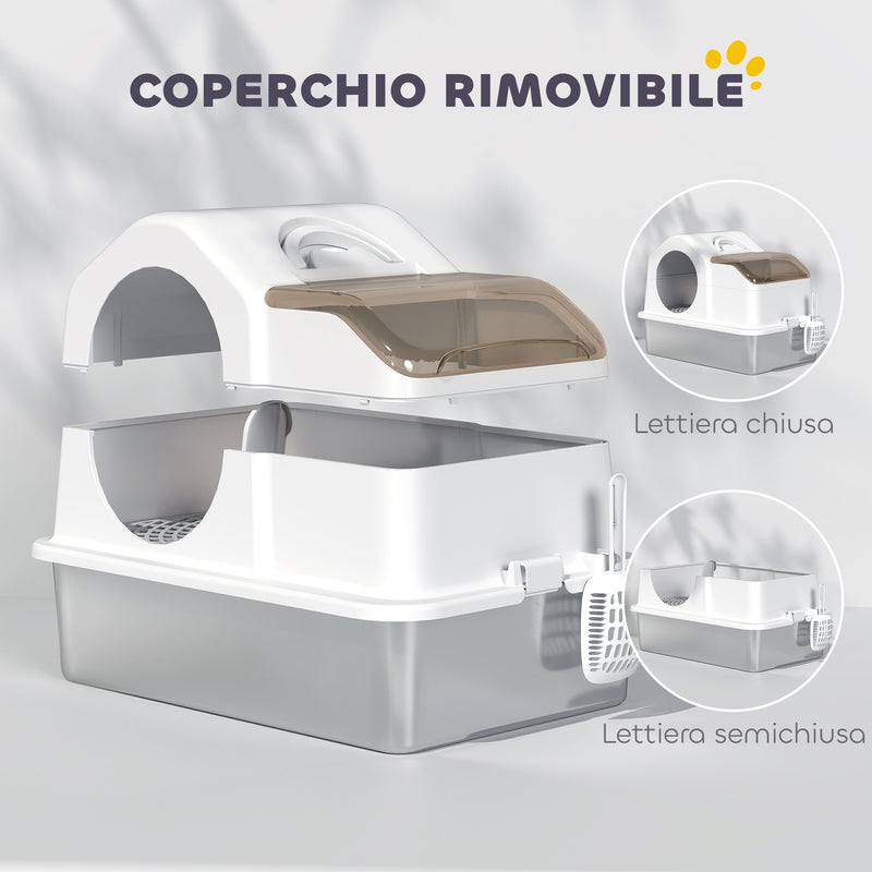 Lettiera per Gatti Chiusa 60,5x40,5x42 cm con 2 Tappetini Base in Acciaio Inox Bianca e Argento  