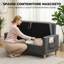 Divano 2 Posti 135x72x84 cm con Spazio Portaoggetti e Cuscini in Tessuto Effetto Lino e Legno Grigio Scuro      
