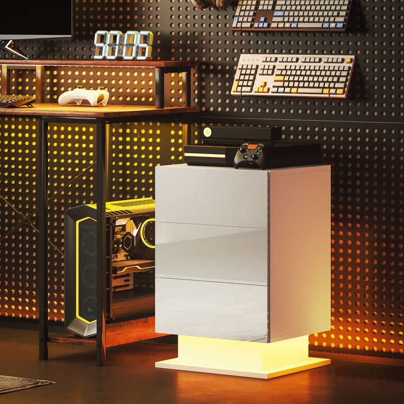 Comodino Moderno a 3 Cassetti con Luce LED 40x35x60 cm Regolabile con Telecomando in Truciolato Bianco Lucido   