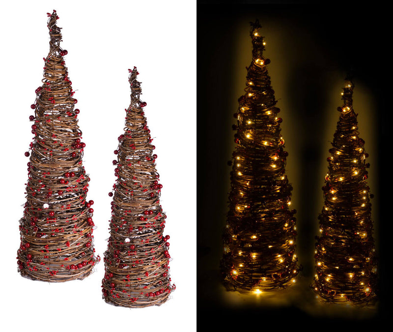 Set 2 Alberi di Natale Luminosi 50/80 LED in Vimini H60cm Marrone e Rosso