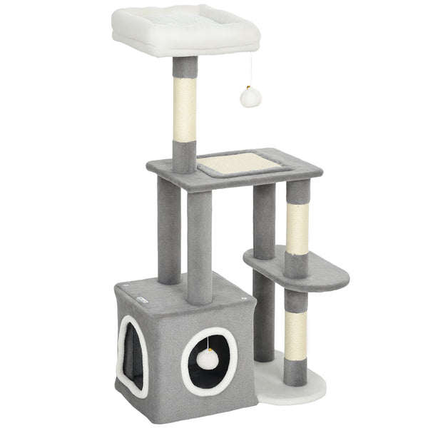 Albero Tiragraffi per Gatti con Casetta e 2 Palline 55x40x107cm Grigio e Bianco sconto