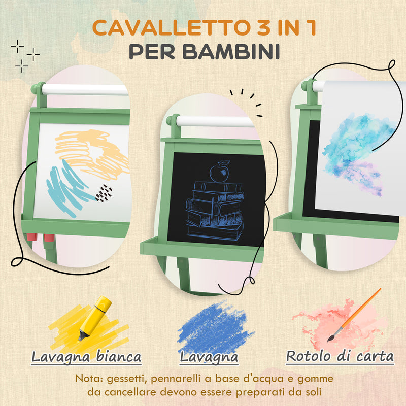 Lavagna per Bambini 59x48x118 cm a Gesso Magnetica e Rotolo di Carta in Legno Verde  