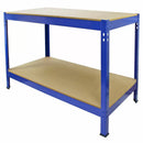 Set 3 Scaffali ad Incastro con Banco da lavoro da 120 cm Piani in MDF Struttura in Acciaio Blu