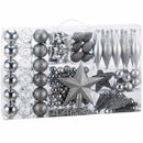 Set 102 Addobbi per Albero di Natale con Palline Calze Stelle e Pigne in Plastica e Polistirolo Silver      