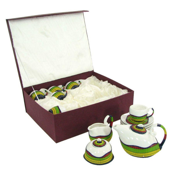 acquista Set Tazze The 9 Pezzi con Teiera e Lattiera in Porcellana Decoro in Bambù Multicolor