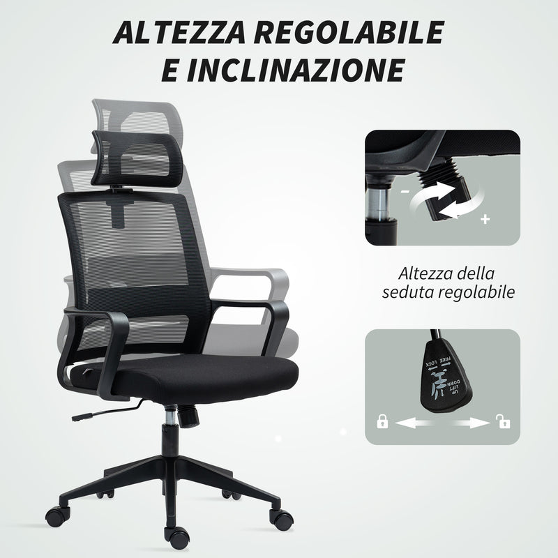 Sedia da Ufficio Ergonomica 60x64Px102-112H cm con Poggiatesta e Altezza Regolabili Nero   