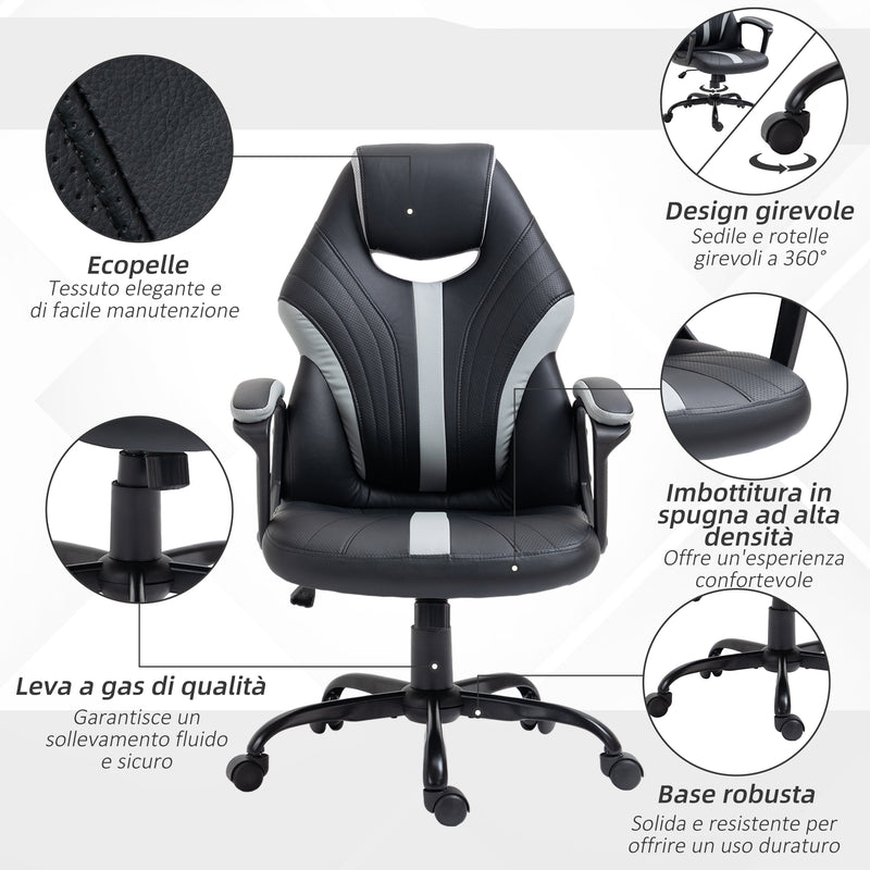 Sedia da Gaming Girevole Reclinabile 63x70x104-112 cm in Similpelle Nero e Grigio
