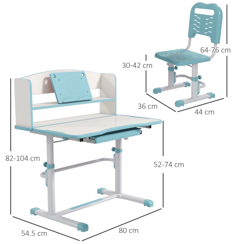 Banco Studio Scuola per Bambini 80x54,5x104 cm con Sedia Regolabile e Piano Inclinabile Blu
