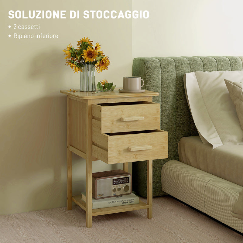 Set 2 Comodini con 2 Cassetti e Ripiano Inferiore in stile Nordico 40x34x60 cm in Bambù 