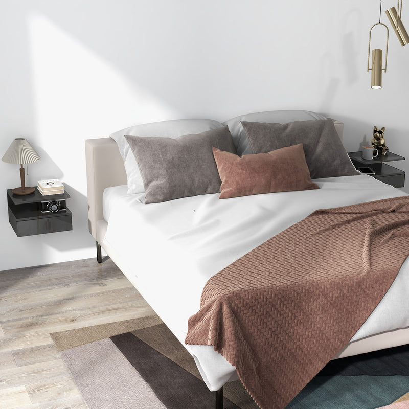 Set 2 Comodini Sospesi con Cassetto e Mensola 35x32x22,5 cm Nero Lucido   