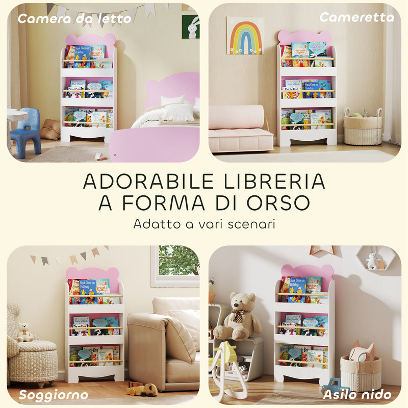 Libreria per Bambini 55x15x110 cm a Forma di Orsetto a 3 Ripiani con Barriere Frontali in MDF e Legno Rosa  
