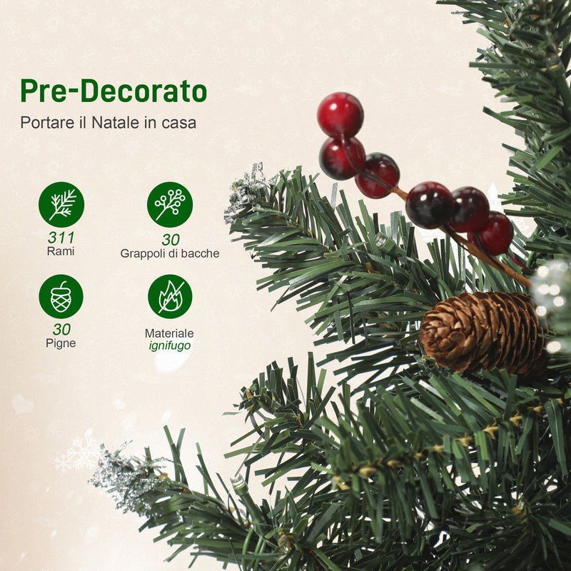 Albero di Natale Illuminato 150 cm con 150 Luci LED 30 Pigne e 30 Grappoli di Bacche Verde e Argento      