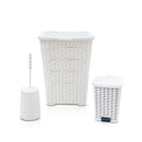 Set Accessori Bagno Cesto Biancheria Cestino Rifiuti Scopino in Rattan Bianco
