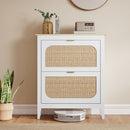 Scarpiera Slim Stile Boho con 2 Cassetti Ribaltabili per 14 Paia di Scarpe 80x24x95,5 cm Anta con Pannello in Rattan Bianco   