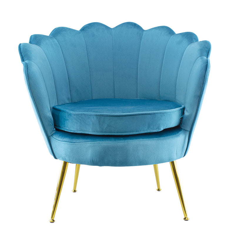 Poltrona Imbottita Schienale a Conchiglia in Velluto Piedi Oro Blu
