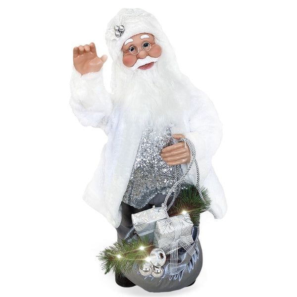 sconto Marionnette Père Noël H80 avec Lumières et Mouvement Blanc et Argent