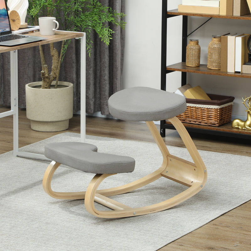 Sedia Ergonomica con Inginocchiatoio 50x73x55 cm Movimento a Dondolo in Legno di Betulla Grigio 