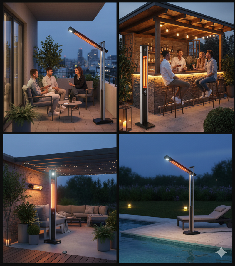 Stufa Elettrica ad infrarossi da Esterno 50x25x200 cm in Fibra di Carbonio con Luce Led Skyline Nero