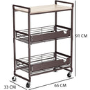 Carrello da Cucina 3 Ripiani con Ruote e 2 Cesti Portaoggetti 65x33x91cm Bronzo