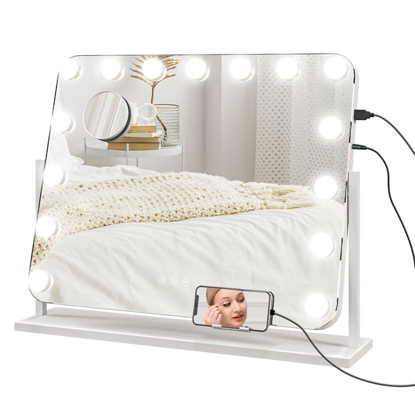 online Specchio da Tavolo in Vetro con 14 Luci LED Regolabili e Ricarica USB 62,5x14x49,5 cm  per Trucco Make up Bianco