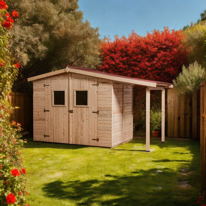 Casetta Box da Giardino 3,36x1,6 m con Pavimento e Tettoia Laterale in Legno Picea Massello 16mm Eden