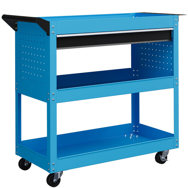 sconto Carrello Porta Attrezzi con Manico Laterale 3 Ripiani e Cassetto 82x35x76 cm in Acciaio Blu