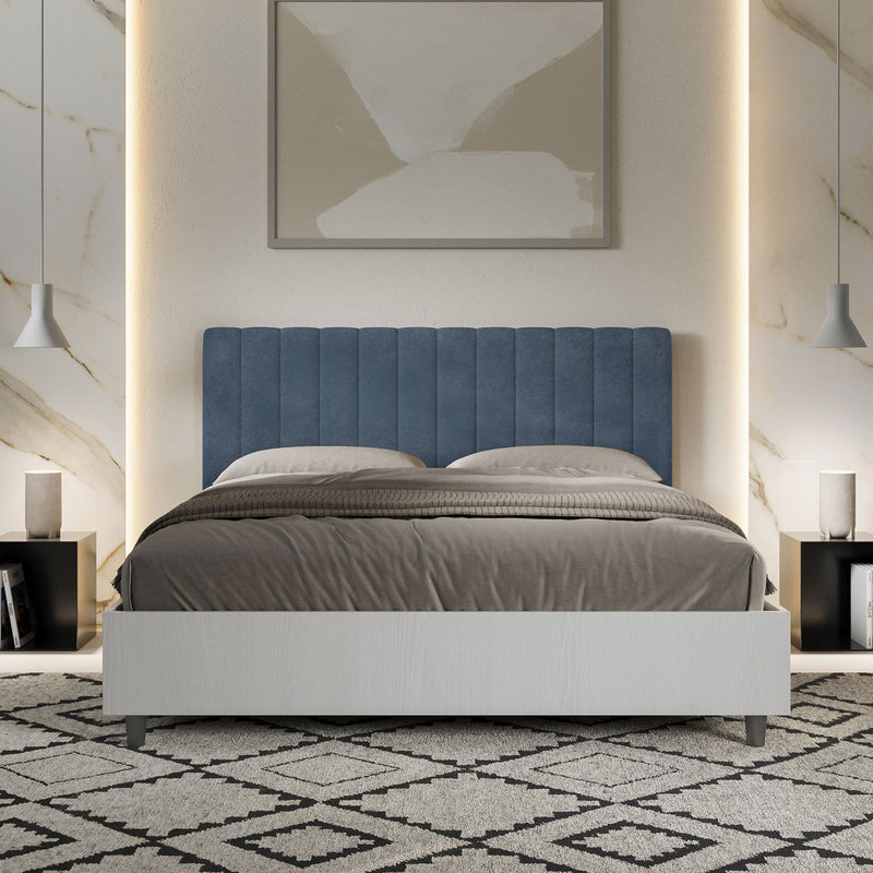 Letto Matrimoniale con Rete e Contenitore Alzata Comoda Struttura Bianco Frassico e Testata in Microfibra Kaia Blu Varie Misure