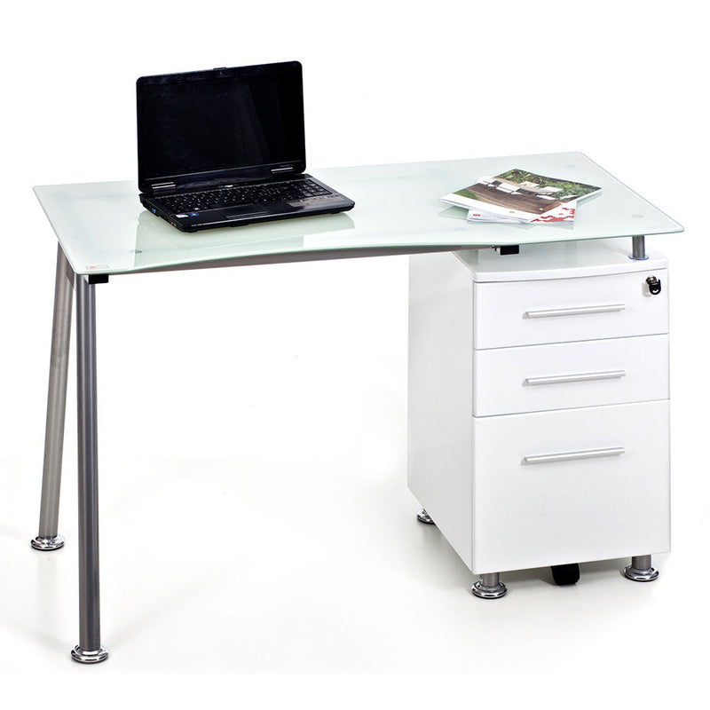 Scrivania 120x60xH75 cm in Vetro con Cassettiera Record Bianca