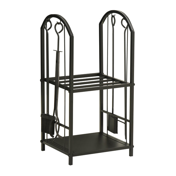 Portalegna per Camino Legnaia a 2 ripiani in Metallo 41,5x32,5x74,5 cm Max 60Kg con attrezzi Nero sconto