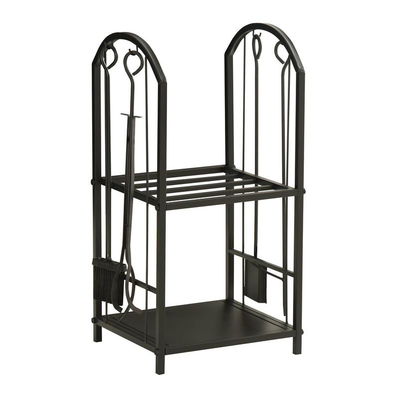 Portalegna per Camino Legnaia a 2 ripiani in Metallo 41,5x32,5x74,5 cm Max 60Kg con attrezzi Nero