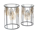 Tavolinetti Foglie Glam Coppia Ø38x55-33x50 cm in Ferro e Vetro Nero e Oro
