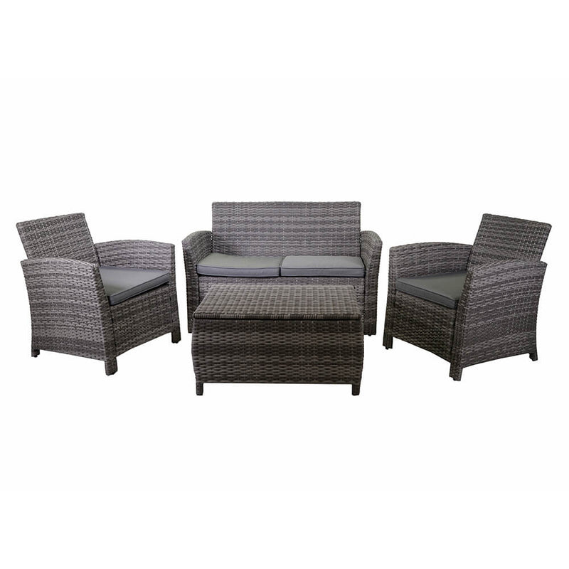 Set Salotto da Giardino Tavolino Baule Divano 2 Sedie in Polyrattan con Cuscini Tulsa Grigio