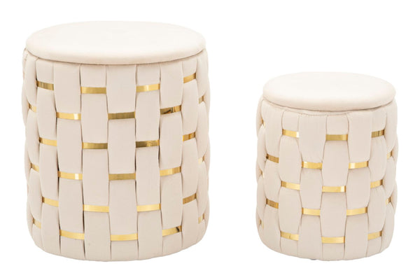 online Puff con Contenitore Shanty Crema Set 2 Pz Ø37x42 cm - Ø28x35 cm in Ferro e MDF e Spugna e Poliestere Crema e Oro