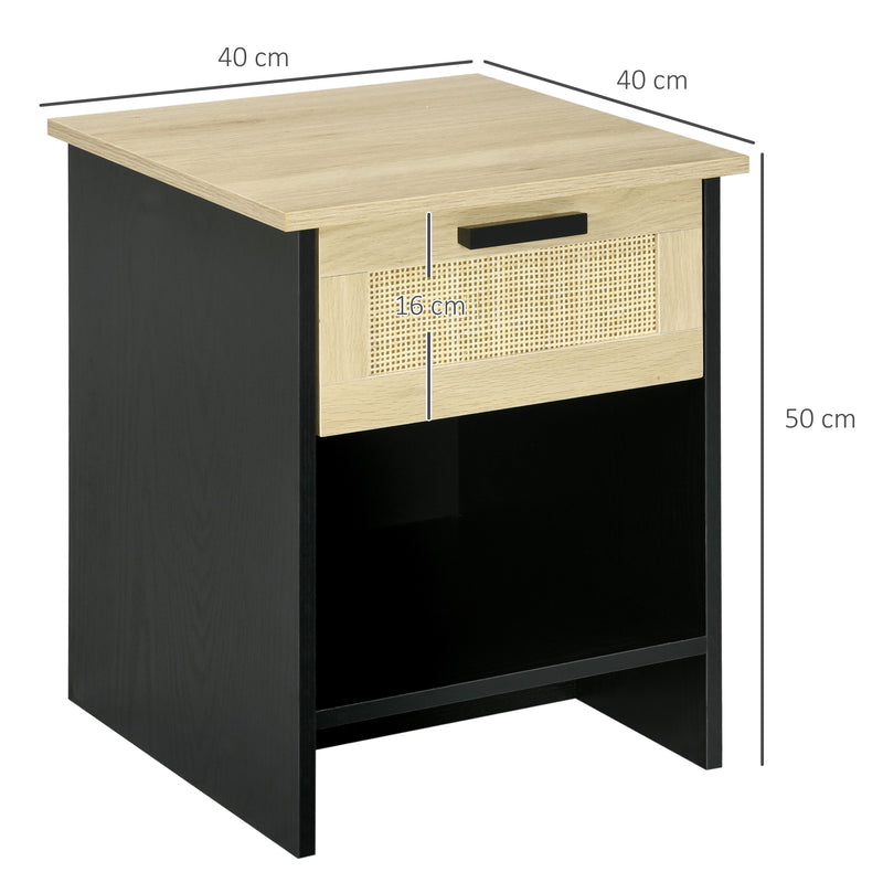 Comodino 1 Cassetto 1 Ripiano 40x40x50 cm in Legno e Rattan Nero e Naturale