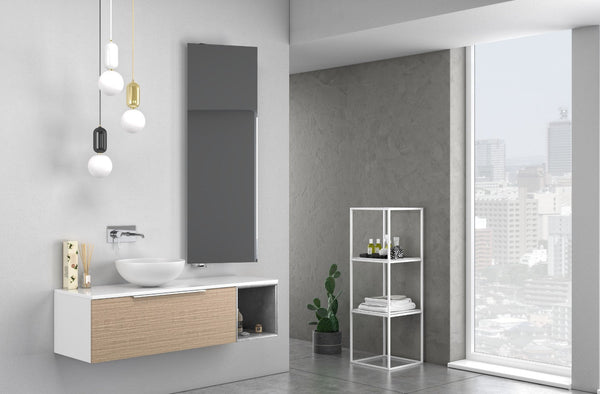 Meuble de Salle de Bain Suspendu 135 cm Mactan Droit Chêne Blanc et Miroir TFT Gris et Lavabo prezzo