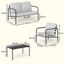 Set 4 Pezzi Salotto da Giardino con Divano 2 Posti 2 Poltrone e Tavolino in Acciaio Grigio Chiaro      