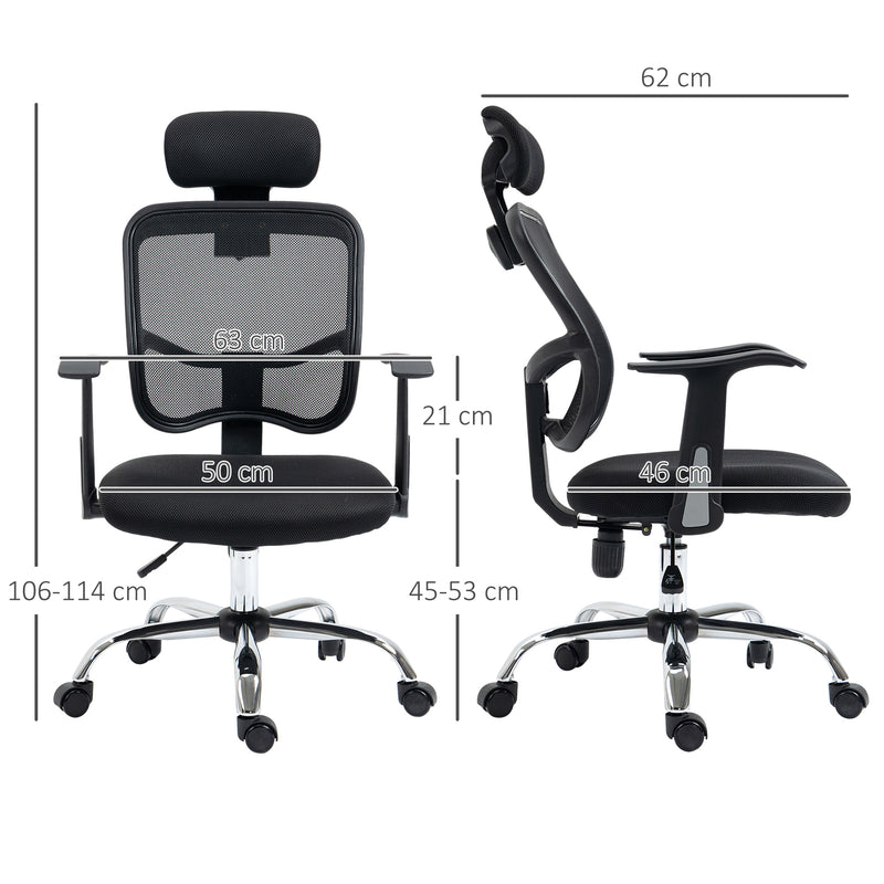 Sedia da Ufficio Ergonomica con Poggiatesta 63x62x106-114 cm in Poliestere e Acciaio Nero  