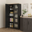 Credenza Stile Moderno Mobile Alto a 9 Ripiani Regolabili con Ante in Vetro 76x36x160 cm Nero e color Legno  