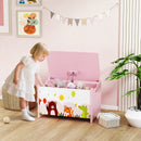 Baule Portagiochi per Bambini Tema Animali 60x37x39 cm con Cerniere di Sicurezza in Legno Rosa      