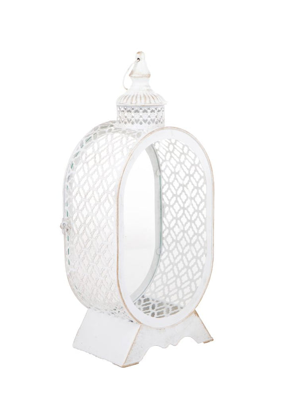 Lampada Lanterna Decorativa Ovale 41 cm in Metallo e Vetro Bianco e Oro sconto