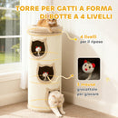 Torre Tiragraffi per Gatti Alta 96 cm con 3 Casette e Lettino Superiore Rimovibile e Lavabile Crema      