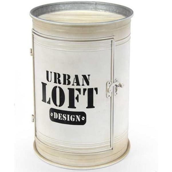 Tavolino Contenitore Bidone Tondo Struttura in Metallo Bianco e Ripiani in Legno online