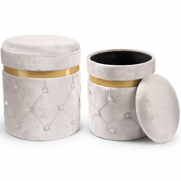 acquista Pouf Contenitore Ø37x40 cm Sgabello Poggiapiedi in Velluto Avorio