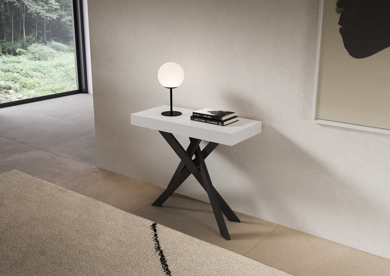 Consolle Allungabile 90-300x40x77 cm Saki Premium Bianco Frassino Gambe Antracite 