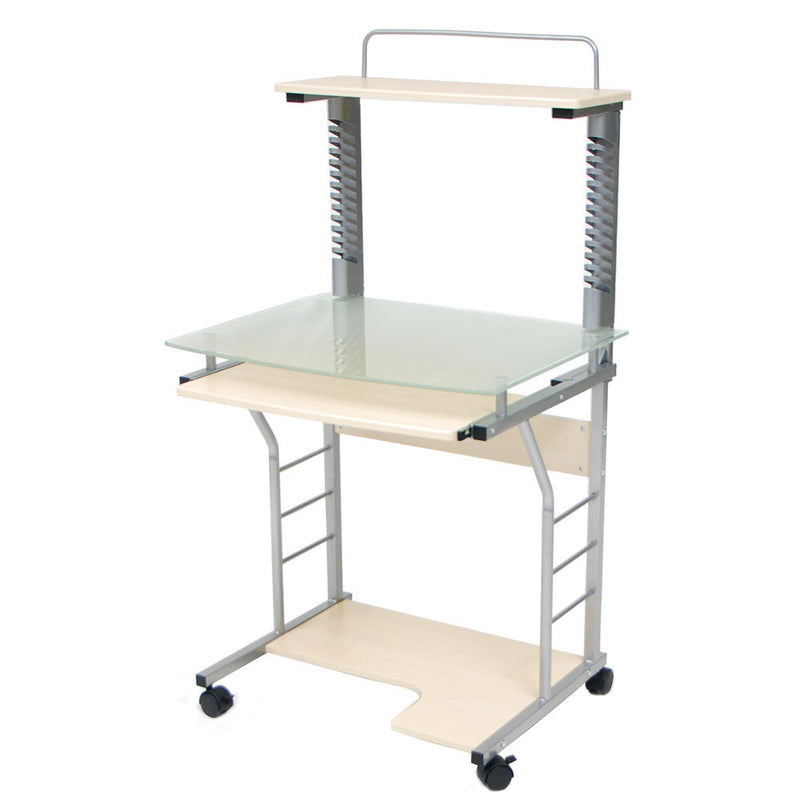 Scrivania Porta Pc 70x55xH130 cm in Vetro con Portatastiera Swift Acero